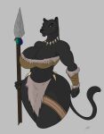  absurd_res anthro big_breasts big_butt bikini breasts butt cave_painting cavewoman clothing collar felid female hi_res leopard looking_at_viewer mammal melee_weapon orangina paint painting pantherine panthra78 polearm prehistoric solo spear swimwear thick_thighs warrior weapon 
