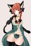  1girl animal_ears bell black_bow bow braid breasts cat_ears cat_tail jyaoh0731 kaenbyou_rin long_hair looking_at_viewer navel nekomata red_eyes red_hair solo tail thighhighs touhou twin_braids 