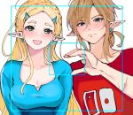  1boy 1girl bangs blonde_hair blue_eyes blue_shirt blush braid breasts cleavage collarbone earrings green_eyes hair_between_eyes hair_ornament hairclip hatenokatasumi highres jewelry link long_hair long_sleeves looking_at_viewer low_ponytail medium_breasts medium_hair open_mouth parted_bangs pointy_ears princess_zelda red_shirt scar scar_on_arm scar_on_hand shirt sidelocks smile the_legend_of_zelda the_legend_of_zelda:_breath_of_the_wild upper_body viewfinder white_background 