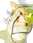  1other absurdres ame_0215 androgynous bangs closed_mouth commentary creature enkidu_(fate) fate/extra fate/extra_ccc fate/grand_order fate/strange_fake fate/zero fate_(series) feet_out_of_frame flower fou_(fate) green_eyes green_hair highres holding holding_flower light_green_hair long_hair long_sleeves looking_at_viewer lying pants robe shadow smile solo toga very_long_hair white_flower white_pants white_robe wide_sleeves 