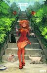  1girl anno_hideaki bangs blonde_hair blue_eyes blush bodysuit breasts cat eva_02 evangelion:_3.0+1.0_thrice_upon_a_time hair_ornament highres large_breasts neon_genesis_evangelion orange_bodysuit orange_hair people pilot_suit plugsuit rebuild_of_evangelion red_bodysuit ribbon skin_tight solo souryuu_asuka_langley 