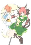  2girls animal_ears bow braid cat_ears cat_tail extra_ears flat_color full_body jyaoh0731 kaenbyou_rin multiple_girls multiple_tails onozuka_komachi red_eyes red_hair scythe tail touhou twin_braids 