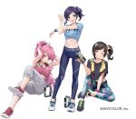  3girls :d aiba_uiha aizono_manami bare_arms bare_shoulders black_hair black_pants black_shirt blue_eyes blue_pants blue_shirt breasts brown_eyes cleavage commentary_request crop_top grey_pants half-closed_eye hayase_sou holding medium_breasts midriff multiple_girls navel ne-on nijisanji official_art one_eye_closed pants parted_lips pink_hair print_pants red_footwear sample_watermark shirt shoes short_sleeves side_ponytail simple_background smile standing stretching towel towel_around_neck virtual_youtuber white_background 
