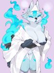  2022 anthro areola biped black_body black_fur blue_body blue_eyes blue_fire blue_fur blush bodily_fluids breasts canid canine colored_fire countershading digital_media_(artwork) female fire fox fur hi_res kame_3 kneeling mammal multicolored_body multicolored_fur nipple_fetish nipple_pinch nipple_play nipples one_breast_out open_mouth pinch pink_background simple_background solo sweat white_body white_fur 
