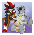  absurd_res anthro balls bodily_fluids canid canine canis chair duo eyes_closed furniture genital_fluids genitals hi_res kneeling male male/male mammal nude penis sega shadow_the_hedgehog simple_background sitting sonic_the_hedgehog_(series) tinydevilhorns urine urine_on_belly urine_on_chest urine_pool urine_stream wolf 