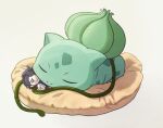  augustine_sycamore bulbasaur character_doll closed_eyes commentary_request cushion doll im_i_masa lying no_humans on_stomach plant pokemon pokemon_(creature) signature sleeping solo vines white_background 