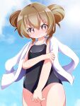  1girl absurdres aisaka_taiga bangs beenyan_1203 black_one-piece_swimsuit blue_sky brown_hair check_commentary commentary_request cowboy_shot day double_bun hair_between_eyes hair_bun highres jacket jacket_on_shoulders looking_at_viewer red_eyes sky solo swimsuit toradora! 