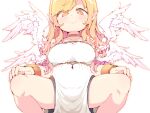  absurdres angel bangs blonde_hair breasts choker closed_mouth dress frfr gold_choker highres large_breasts looking_at_viewer multiple_wings orange_eyes original pointy_ears simple_background smile squatting white_background white_dress wings 