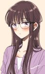  1girl bangs black-framed_eyewear blush brown_hair buttons closed_mouth collarbone commentary_request glasses grey_background himawari-san himawari-san_(character) long_hair looking_at_viewer purple_eyes purple_shirt shirt signature simple_background sketch solo sugano_manami upper_body white_shirt 