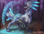  claws commentary_request eltehh fangs full_body grass highres looking_back no_humans open_mouth outdoors pokemon pokemon_(creature) red_eyes silvally solo standing tongue tree watermark 