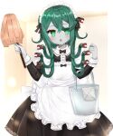  1girl :o apron bangs black_bow black_dress blurry blurry_background blush bow bucket center_frills collared_dress colored_skin commentary_request commission depth_of_field dress duster frilled_apron frills green_eyes green_hair grey_skin hair_between_eyes highres holding long_hair long_sleeves looking_at_viewer maid maid_apron maid_headdress open_mouth original pleated_dress rag shikito skeb_commission snake_hair solo white_apron 