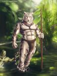  2018 abs anthro bottomwear bulge clothing creek felid fist fur hi_res holding_object holding_spear holding_weapon jewelry jungle loincloth looking_at_viewer male mammal melee_weapon muscular navel necklace nipples open_mouth outside pantherine partially_submerged pecs polearm river satanic_monkey solo spear tiger tribal weapon white_body white_fur 