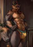  abs anthro canid canine canis clothed clothing fur jockstrap juiceps male mammal muscular muscular_anthro muscular_male partially_clothed ring_(jewelry) solo underwear wolf 