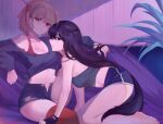  2girls absurdres bangs bare_shoulders barefoot black_hair black_shirt black_shorts blonde_hair bra_strap character_request chinese_commentary commentary_request crop_top hair_ribbon highres indoors kneeling long_hair long_sleeves looking_at_viewer lycoris_recoil midriff multiple_girls navel off-shoulder_shirt off_shoulder open_fly piuta plant purple_eyes red_eyes red_ribbon red_thighhighs ribbon shirt short_hair short_shorts shorts sitting stomach strap_slip thighhighs thighs tied_shirt very_long_hair 