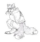  2_tails anthro asnnonaka bottomwear canid cheek_tuft clothed clothing crouching digitigrade facial_tuft hair looking_at_viewer male mammal multi_tail neck_tuft object_in_mouth short_hair simple_background solo three-quarter_view topwear tuft unsigned wide_eyed 