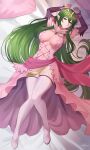  1girl absurdres artist_name bangs bed breasts covered_navel detached_sleeves fire_emblem fire_emblem:_mystery_of_the_emblem full_body green_eyes green_hair hair_between_eyes hair_ornament highres large_breasts long_hair looking_at_viewer lying nagi_(fire_emblem) on_back on_bed pillow pointy_ears sakotach smile thighhighs zettai_ryouiki 