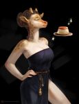  2022 black_background black_clothing breasts brown_hair clothing dessert devergilia digital_media_(artwork) eyes_closed female food giraffe giraffid hair hand_on_hip hi_res horn human mammal pudding simple_background smile solo species_transformation transformation 