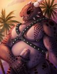  2020 anthro argonian bethesda_softworks cloud foreskin fuzzyfuzz genitals hand_on_own_penis hand_on_penis harness hi_res horn humanoid_genitalia looking_at_viewer male markings musclegut muscular nipple_piercing nipples nude open_mouth outside palm_tree pecs penis piercing plant scalie smile solo standing teeth the_elder_scrolls touching_penis tree video_games 
