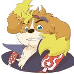  anthro blonde_hair blue_eyes bust_portrait canid canine canis domestic_dog eyewear floppy_ears grin hair hi_res hisaki_(live-a-hero) lifewonders live-a-hero male mammal portrait pyrethrin_12 smile solo sunglasses video_games 