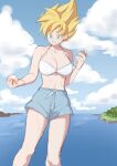  1girl bare_arms bikini bikini_top_only blonde_hair blue_sky breasts cleavage dragon_ball dragon_ball_(object) dragon_ball_z dragon_radar genderswap genderswap_(mtf) green_eyes grin highres holding kkkkkirrier lake large_breasts shorts sky smile solo son_goku spiked_hair super_saiyan super_saiyan_1 swimsuit wet white_bikini 