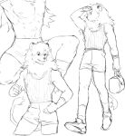  anthro black_and_white bottomwear clothed clothing felid footwear hi_res holding_bag lion male mammal mane monochrome muscular muscular_anthro muscular_male nipples pantherine shirt shoes shorts sketch smile socks solo tank_top topless topwear yuuko891 