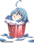  1girl ahoge blue_hair bucket cum cum_in_mouth cum_on_tongue decapitation facial feathers guro harpy hinghoi monster_girl monster_musume_no_iru_nichijou papi_(monster_musume) short_hair solo yellow_eyes 