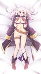  1girl absurdres alternate_costume alternate_eye_color ass_visible_through_thighs belt bikini black_eyes blush breasts brown_gloves collarbone commission dakimakura_(medium) fire_emblem fire_emblem_awakening fire_emblem_heroes fizintine gloves highres large_breasts looking_at_viewer lying navel nipples o-ring o-ring_bikini o-ring_top official_alternate_costume on_back parted_lips purple_bikini revision robin_(fire_emblem) robin_(fire_emblem)_(female) smile solo swimsuit tan tanlines twintails white_hair 