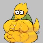  2022 3_toes alphys anthro bodily_fluids butt claws clothed clothing deltarune digital_drawing_(artwork) digital_media_(artwork) eyewear feet female foot_fetish foot_focus glasses nails partially_clothed reptile scalie shaded signature simple_background solo teeth toe_claws toes twistedfurby undertale undertale_(series) video_games wrinkled_feet wrinkles yellow_body 