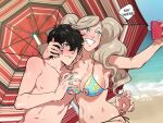  1boy 1girl amamiya_ren assertive_female beach beach_umbrella bikini black_hair blue_bikini blue_eyes blush breast_grab breasts cleavage couple english_commentary english_text grabbing grey_eyes hetero kukumomo large_breasts light_brown_hair long_hair persona persona_5 print_bikini selfie side-tie_bikini_bottom spaghetti_strap speech_bubble swimsuit takamaki_anne taking_picture topless_male twintails umbrella 