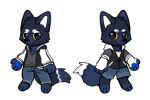  3:2 anthro asnnonaka black_clothing black_jacket black_nose black_topwear blue_body blue_bottomwear blue_clothing blue_ears blue_fur blue_pants blue_shorts blue_tail bottomwear canid cheek_tuft closed_smile clothed clothing dipstick_ears dipstick_tail facial_tuft front_view fur glistening glistening_eyes grey_clothing grey_topwear head_tuft hi_res jacket looking_aside male mammal markings mouth_closed multicolored_ears pants shorts simple_background solo standing tail_markings topwear tuft unsigned white_background white_body white_clothing white_fur white_inner_ear white_jacket white_topwear 