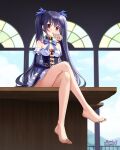  1girl bare_legs bare_shoulders barefoot black_hair blue_ribbon blush breasts cleavage commission hair_ribbon highres jewelry lilia_creative long_hair neptune_(series) noire_(neptune_series) red_eyes ribbon sitting small_breasts solo thighhighs toes twintails 