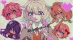  5girls 6_may_6 :d :t bangs blonde_hair blue_eyes blue_hair blush book bow brown_hair commentary doki_doki_literature_club enna_alouette eyes_visible_through_hair green_eyes hair_between_eyes hair_bow hair_ornament hair_ribbon hairclip heart heart-shaped_pupils highres holding holding_book long_hair monika_(doki_doki_literature_club) multicolored_hair multiple_girls natsuki_(doki_doki_literature_club) nijisanji nijisanji_en open_mouth outline pen pink_eyes pink_hair pinky_out ponytail pout purple_eyes purple_hair red_bow red_ribbon retro_artstyle ribbon sayori_(doki_doki_literature_club) school_uniform short_hair smile symbol-shaped_pupils two-tone_hair two_side_up virtual_youtuber white_ribbon yuri_(doki_doki_literature_club) 