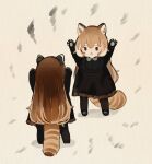  2girls :&lt; animal_ears animal_hands arms_up black_dress brown_hair chibi commentary_request dress highres imitating long_hair multiple_girls original overalls red_panda red_panda_ears red_panda_girl red_panda_tail sakutake_(ue3sayu) shoes short_eyebrows simple_background solid_eyes thick_eyebrows thighhighs 