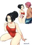  1990s_(style) 1boy 1girl absurdres adjusting_clothes adjusting_swimsuit akashi_(akkasayu) akkasayu arm_support artist_name breasts dark-skinned_male dark_skin hair_bun hand_on_hip highres kneeling large_breasts long_hair looking_at_another male_swimwear one-piece_swimsuit open_mouth original pink_hair red_one-piece_swimsuit retro_artstyle sayuri_(akkasayu) swim_trunks swimsuit very_long_hair white_background 