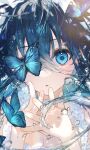  1girl bangs blue_eyes blue_hair breasts bug butterfly choker cleavage hair_between_eyes highres liquid_hair long_hair looking_at_viewer mimoza_(96mimo414) open_mouth original shiny shiny_hair small_breasts solo upper_body white_choker 