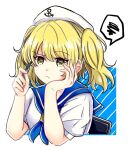  1girl anchor_symbol bangs blonde_hair blue_neckerchief blue_sailor_collar border breasts chair closed_mouth commentary_request hand_in_own_hair hat holding holding_pen kitashirakawa_chiyuri kuronon medium_hair neckerchief pen puffy_short_sleeves puffy_sleeves sailor_collar sailor_hat sailor_shirt shirt short_sleeves small_breasts solo spoken_squiggle squiggle touhou touhou_(pc-98) two_side_up upper_body white_border white_headwear white_shirt yellow_eyes 