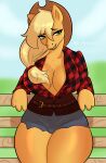  absurd_res anthro applejack_(mlp) big_breasts breasts equid equine female friendship_is_magic fur green_eyes half-closed_eyes hi_res horse mammal mr_freckle my_little_pony narrowed_eyes pony smile solo unbuttoned_shirt wide_hips yellow_body yellow_fur 