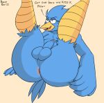  anthro anus avian balls beak berdly bird blue_balls blue_body blue_feathers blue_penis blue_perineum butt butt_focus command deltarune dialogue dirty_talk english_text eyewear feathers genitals glans glasses half-closed_eyes half-erect hi_res insult legs_up lying male narrowed_eyes nude on_back open_beak open_mouth open_smile penis perineum pink_anus presenting presenting_anus presenting_balls presenting_penis roccorox simple_background smile smug solo tail_feathers tan_background text tongue undertale_(series) video_games wings yellow_beak 