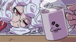  1boy 1girl bags_under_eyes coffee coffee_bean_print coffee_mug cup english_text glasses helltaker helltaker_(character) holding holding_cup kyo-hei_(kyouhei) mug one_eye_closed out_of_frame pandemonica_(helltaker) red_eyes steam white_hair 