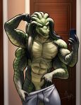  2020 4_arms abs adagoke anthro bgn bottomwear clothed clothing clothing_pull flexing genitals inside male mirror_selfie multi_arm multi_limb muscular navel nipples pecs penis pseudo_hair reptile scalie selfie smile smug snake solo standing sweatpants tentacle_hair tentacles topless undressing 