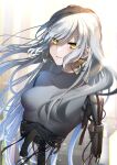  1girl abe_hikaru android bangs breasts closed_mouth damaged earrings highres jewelry long_hair looking_at_viewer mechanical_parts medium_breasts original silver-haired_gynoid_(abe_hikaru) solo upper_body yellow_eyes 