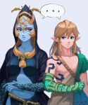  ... 1boy 1girl asymmetrical_clothes blue_eyes blue_skin brown_hair colored_sclera colored_skin gxp highres link midna midna_(true) orange_hair pointy_ears red_eyes shared_speech_bubble speech_bubble spoken_ellipsis strap tattoo the_legend_of_zelda the_legend_of_zelda:_breath_of_the_wild the_legend_of_zelda:_tears_of_the_kingdom the_legend_of_zelda:_twilight_princess upper_body yellow_sclera 