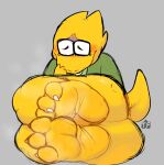  2022 3_toes alphys anthro bodily_fluids butt claws clothed clothing deltarune digital_drawing_(artwork) digital_media_(artwork) eyewear feet female foot_fetish foot_focus glasses musk nails partially_clothed reptile scalie shaded signature simple_background smelly smelly_feet solo steam sweat sweaty_feet teeth toe_claws toes twistedfurby undertale undertale_(series) video_games wrinkled_feet wrinkles yellow_body 