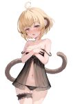  2022 accessory ahoge andira_(granblue_fantasy) animal_humanoid babydoll blonde_hair blush bodily_fluids clothed clothing covering covering_breasts female garter granblue_fantasy hair hi_res humanoid kimblee_(artist) mammal mammal_humanoid monkey_humanoid navel nightgown off_shoulder panties primate primate_humanoid solo sweat sweatdrop underwear 