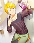  1boy bangs blonde_hair card_(medium) cellphone collarbone cup fingernails holding holding_phone idolmaster idolmaster_side-m idolmaster_side-m_growing_stars long_sleeves maita_rui male_focus official_art one_eye_closed pants phone selfie shirt sitting smartphone smile striped striped_shirt tongue tongue_out v 