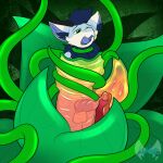  blue_body blue_fur dragon erection fur genitals green_eyes green_tentacles horn lukos_wolf male masturbation penile penis penis_milking plant solo stuck tentacles trapped 