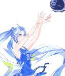  1girl 39 absurdly_long_hair absurdres b._league bare_arms basketball basketball_uniform belt blue_eyes blue_hair blue_shirt commentary floating_hair from_side hatsune_miku highres jersey light_blue_hair long_hair looking_up monq pleated_skirt shirt simple_background skirt snowflake_print solo sportswear throwing twintails upper_body v-shaped_eyebrows very_long_hair vocaloid white_background white_skirt yuki_miku 
