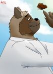  anthro brown_body brown_fur canid canine clothed clothing cloud fur male mammal pandaandy raccoon_dog side_view simple_background smile solo tanuki 