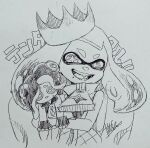  1girl :d character_doll cross-shaped_pupils doll holding holding_doll isamu-ki_(yuuki) long_hair marina_(splatoon) mole mole_under_mouth monochrome open_mouth pearl_(splatoon) simple_background sleeveless smile solo splatoon_(series) splatoon_2 suction_cups teeth tentacle_hair traditional_media white_background zipper zipper_pull_tab 