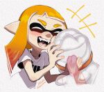  1girl :d ^_^ blush cheek_squash closed_eyes crossover fangs ghost highres inkling isamu-ki_(yuuki) long_hair luigi&#039;s_mansion nintendo orange_hair pointy_ears polterpup shirt short_sleeves simple_background smile splatoon_(series) t-shirt tentacle_hair twitter_username white_background white_shirt 